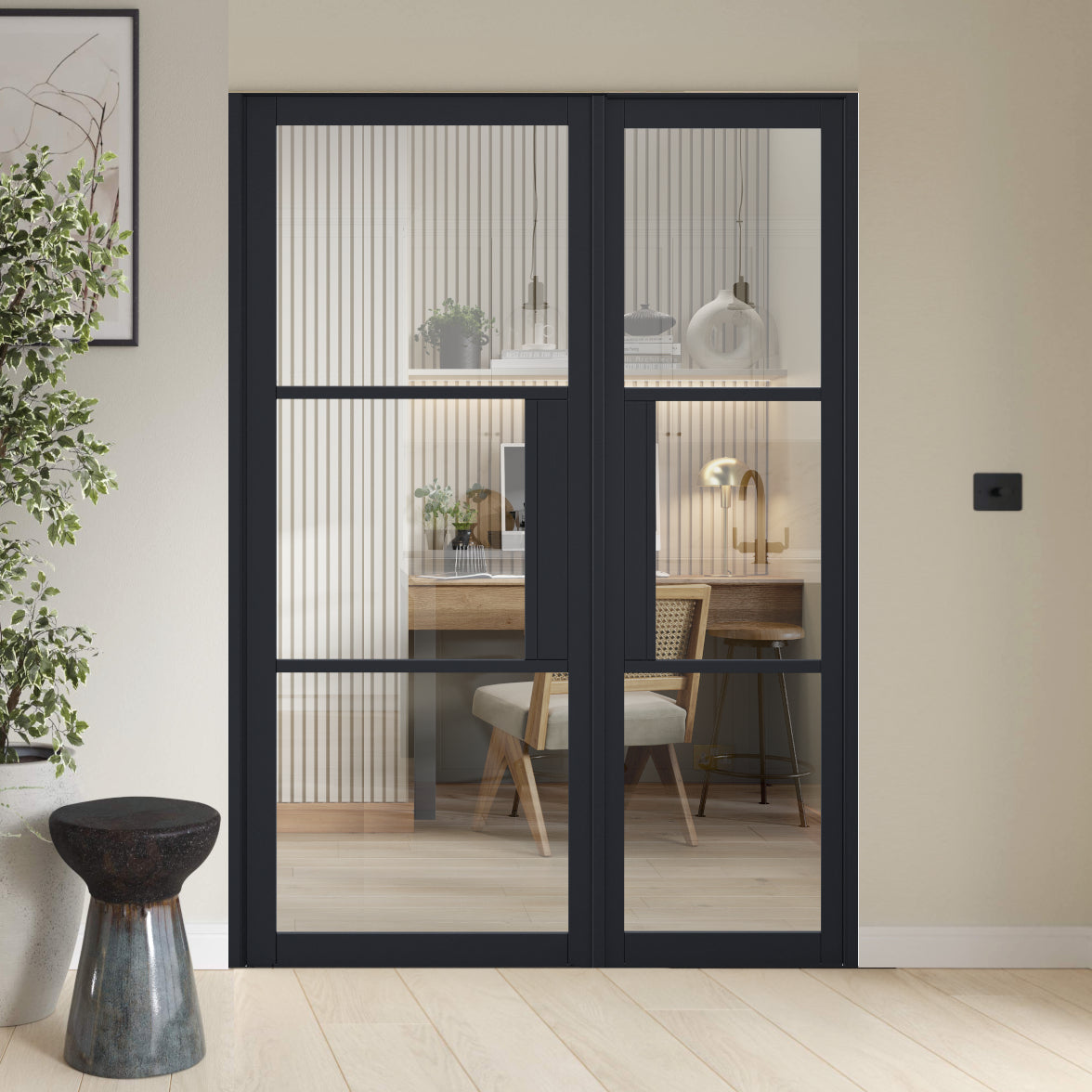 Black Tribeca Clear Glazed Offset French Doors with Lock Block Panel ...