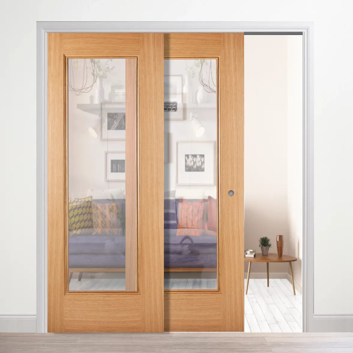 Eindhoven Oak Clear Glazed Telescopic Pocket Door System – Emerald Doors