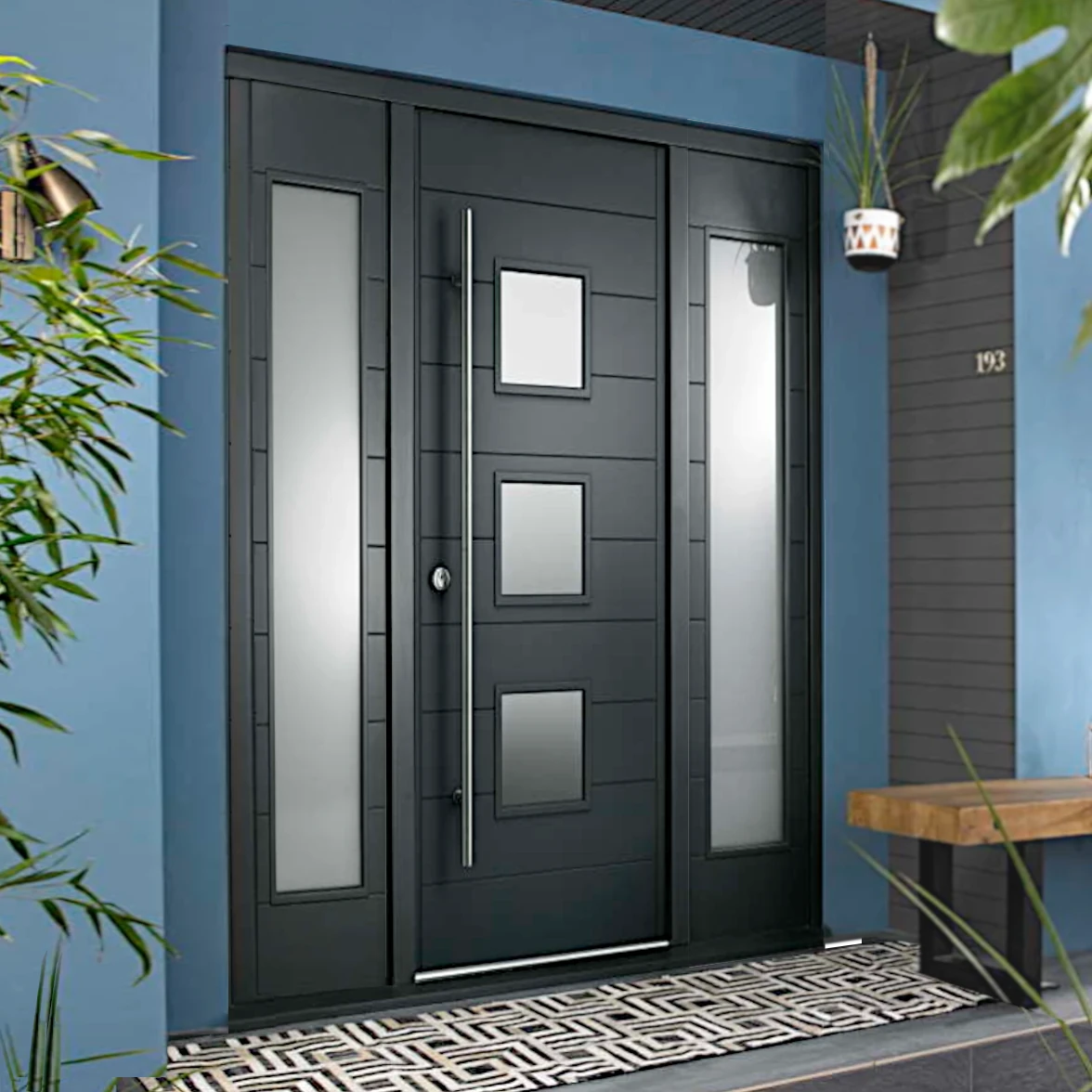 Malmo Grey External Door Set with Double Sidelight and Pull Bar Handle ...